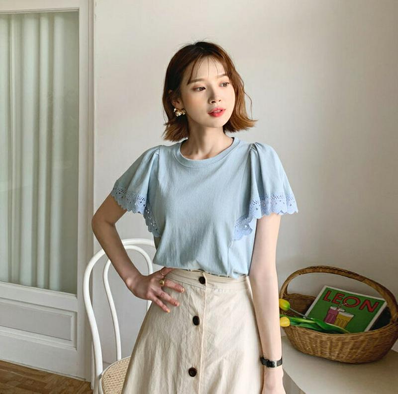 スカラップレーススリーブTシャツ・全3色・b56315 レディース【tops】【トップス Tシャツ 半袖 スカラップ レース 袖