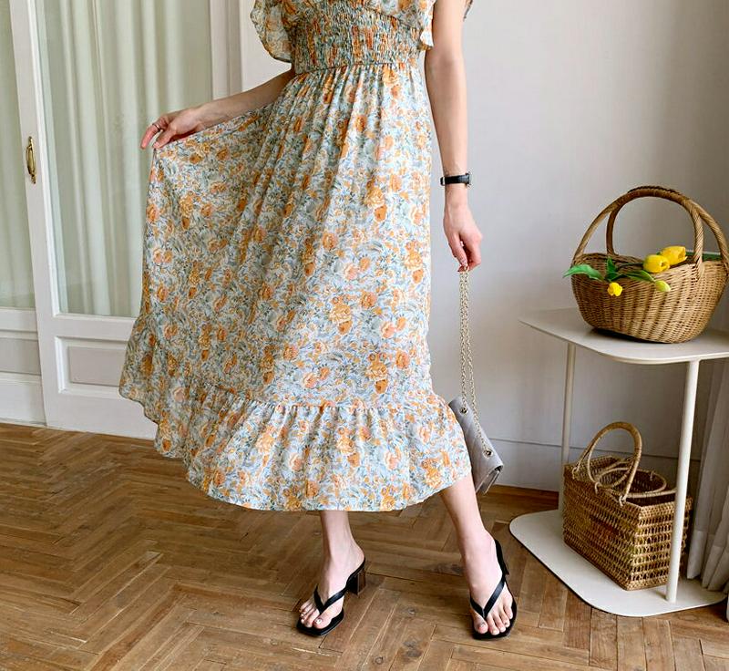 フリルリボン花柄ワンピース・全3色・t56329 レディース【ops】【ワンピース ロング ロングワンピース 半袖 ショートスリ