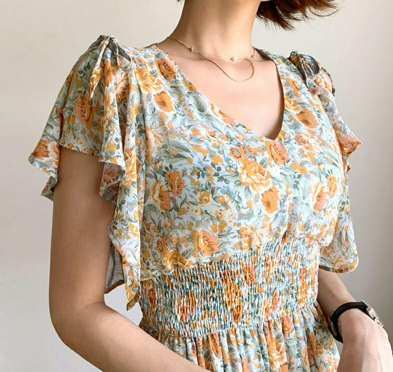 フリルリボン花柄ワンピース・全3色・t56329 レディース【ops】【ワンピース ロング ロングワンピース 半袖 ショートスリ