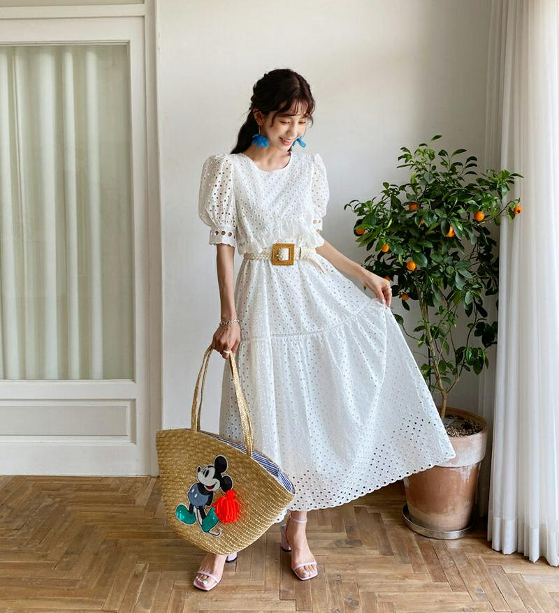 ドットアイレットレースワンピース・全2色・b56343 レディース【ops】【ワンピース ロング ロングワンピース 半袖 ハーフ