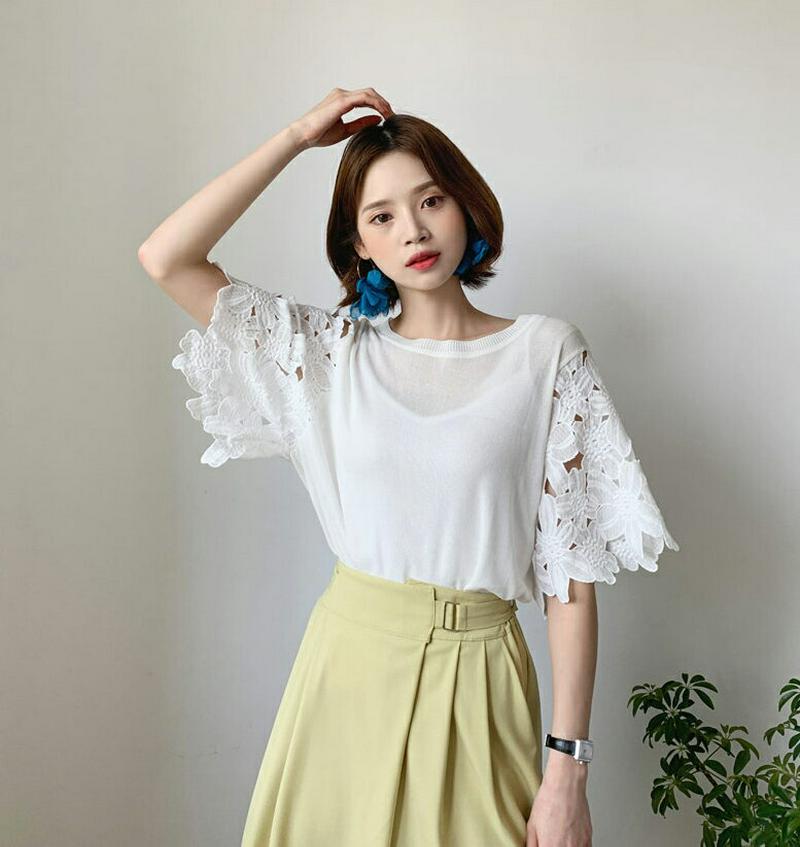 ビッグフラワーレーススリーブニット・全3色・b56319 レディース【tops】【トップス ニット ニットトップス 半袖 ハーフ