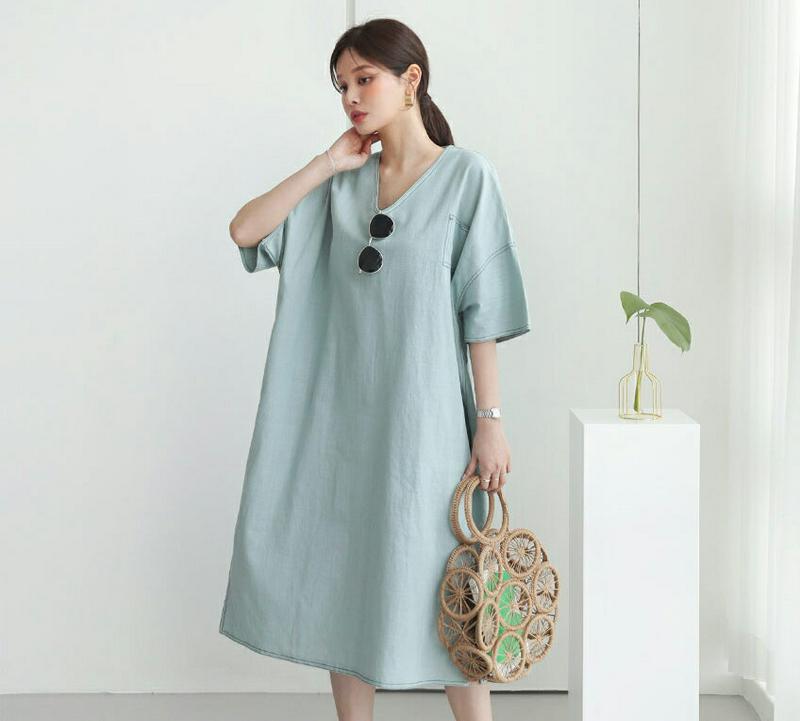 ステッチVネックワンピース・全5色・b62793 レディース【ops】【ワンピース ミディ丈 ミディワンピース 半袖 ハーフスリ