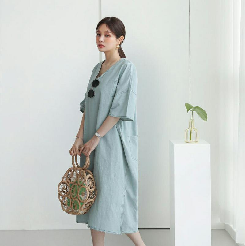 ステッチVネックワンピース・全5色・b62793 レディース【ops】【ワンピース ミディ丈 ミディワンピース 半袖 ハーフスリ