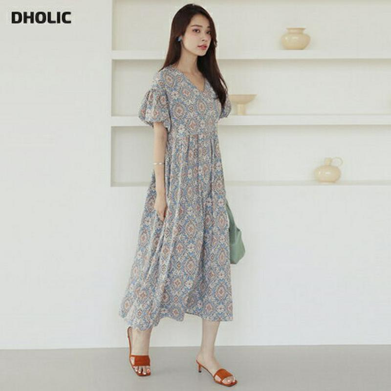 Vネックパターンパフワンピース・全2色・b62773 レディース【ops】【ワンピース ロング ロングワンピース 半袖 ハーフス