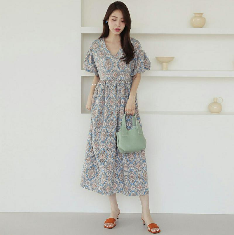 Vネックパターンパフワンピース・全2色・b62773 レディース【ops】【ワンピース ロング ロングワンピース 半袖 ハーフス