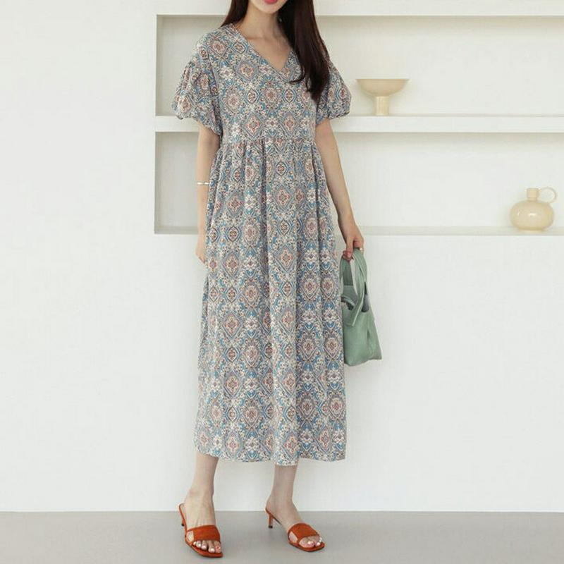 Vネックパターンパフワンピース・全2色・b62773 レディース【ops】【ワンピース ロング ロングワンピース 半袖 ハーフス