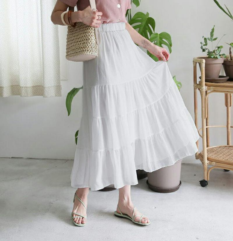 シフォンティアードスカート・全3色・b60005 レディース【sk】 韓国ファッション スカート ロング ロングスカート ティアード シフォン フェミニン 単色 シンプル ガーリー 可愛い かわいい ウエストゴム 春 夏