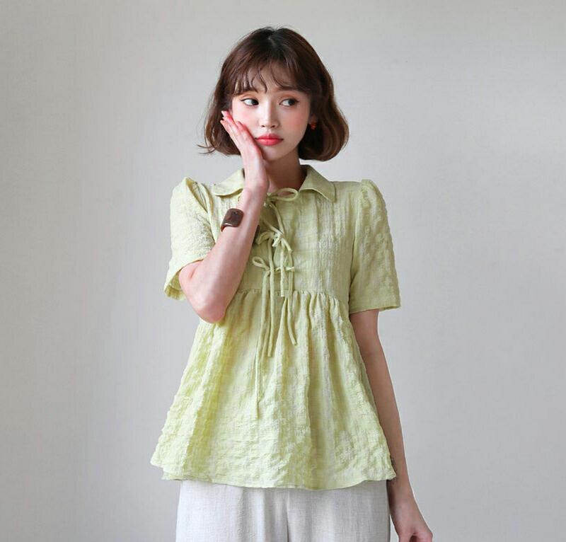 【新作10%OFF】リボンカラーフレアブラウス・全3色・b59986 レディース【bl】【トップス ブラウス 半袖 リボン りぼ