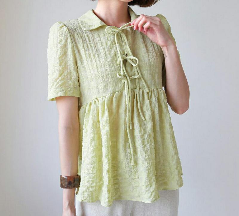 【新作10%OFF】リボンカラーフレアブラウス・全3色・b59986 レディース【bl】【トップス ブラウス 半袖 リボン りぼ