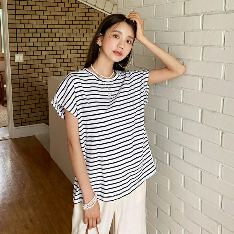 【新作10%OFF】フレンチスリーブボーダーTシャツ・全4色・b55968 レディース【tops】【韓国 ファッション トップス