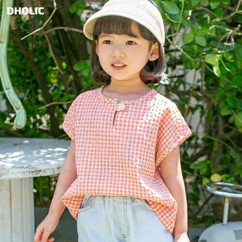 【新作10%OFF】ワンボタンネックチェックブラウス u03521・キッズ 【3~8才】【bl】【韓国 ファッション トップス 