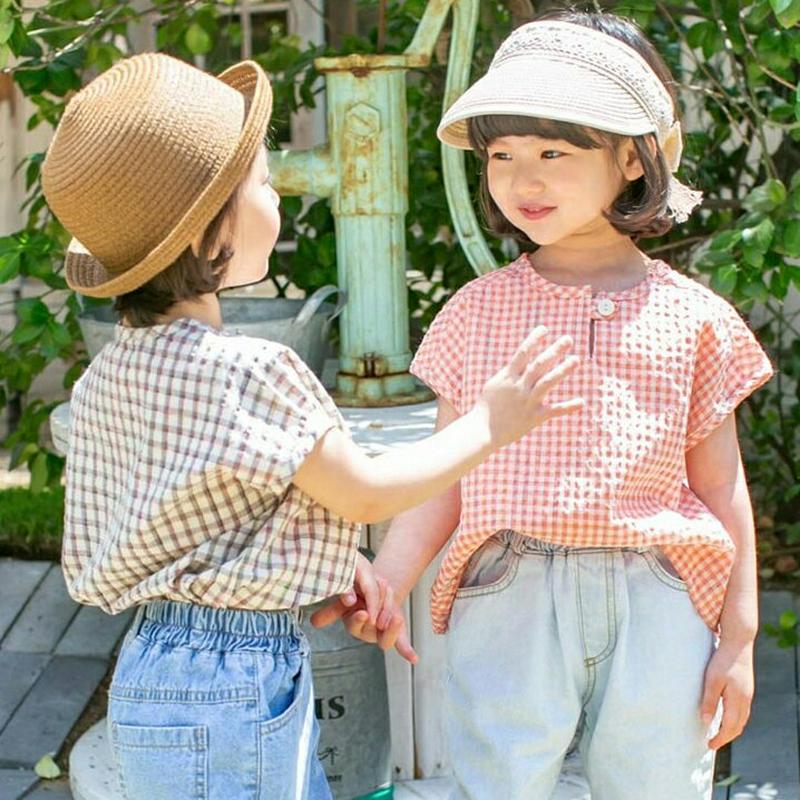 【新作10%OFF】ワンボタンネックチェックブラウス u03521・キッズ 【3~8才】【bl】【韓国 ファッション トップス 