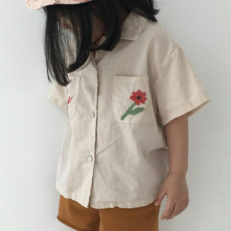 【新作10%OFF】フラワー刺繍ポケットシャツ u03630・キッズ 【3~8才】【bl】【韓国 ファッション トップス シャツ