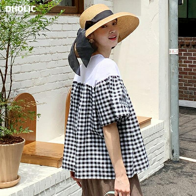 【新作10%OFF】チェックコントラストブラウス・全3色・b60026 レディース【bl】【韓国 ファッション トップス ブラウ