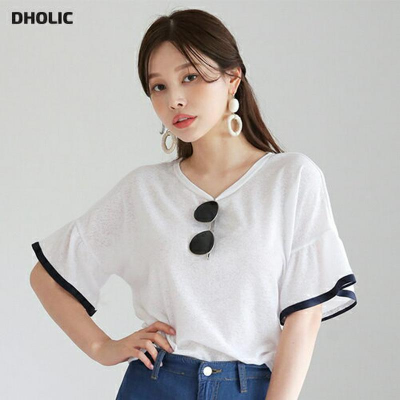 【新作10%OFF】配色フレアスリーブTシャツ・全2色・t62745 レディース【tops】【韓国 ファッション トップス Tシ