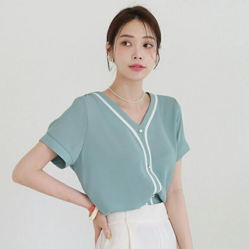 【新作10%OFF】配色ボタンブラウス・全3色・t62734 レディース【bl】【韓国 ファッション トップス ブラウス 半袖 