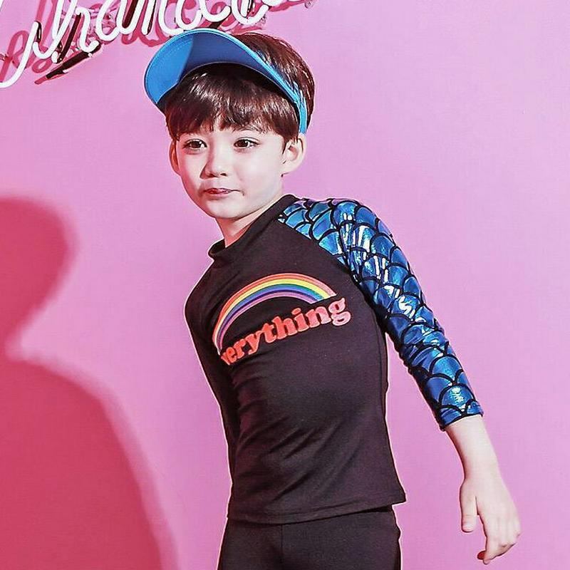 FISHレインボーラッシュガードTシャツ・p003426 キッズ【3~8才】【bw】【水着 ビーチウェア スイムウェア ラッシュガード 長袖 レインボー 個性的 女の子 男の子 夏 韓国 韓国子供服 子供 こども 子供服 こども服】【KIDS】