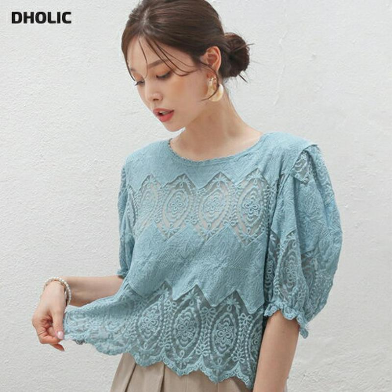 【新作10%OFF】シアーレースパフブラウス・全2色・b62738 レディース【bl】【韓国 ファッション トップス ブラウス 