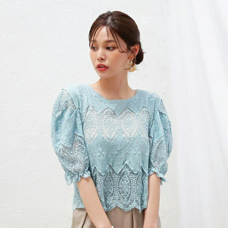【新作10%OFF】シアーレースパフブラウス・全2色・b62738 レディース【bl】【韓国 ファッション トップス ブラウス 