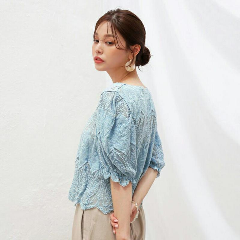 【新作10%OFF】シアーレースパフブラウス・全2色・b62738 レディース【bl】【韓国 ファッション トップス ブラウス 