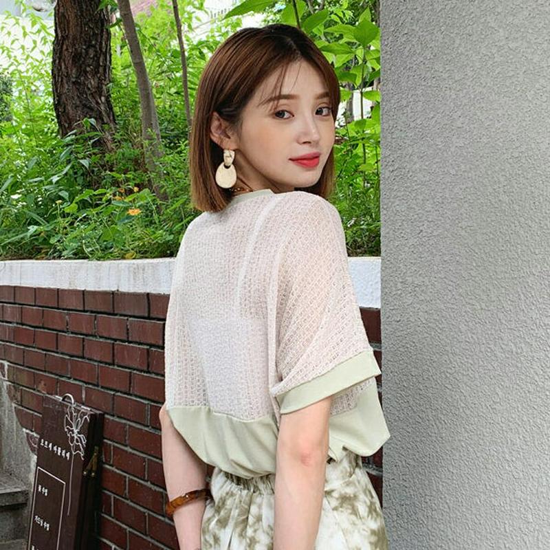 【只今10%OFF】シアー配色シャツ・全2色・t55933 レディース【tops】【韓国 ファッション トップス Tシャツ 半袖