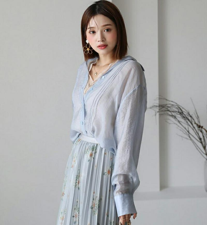 【只今10%OFF】ピンタックシアーシャツ・全3色・t56390 レディース【bl】【韓国 ファッション トップス シャツ 長袖