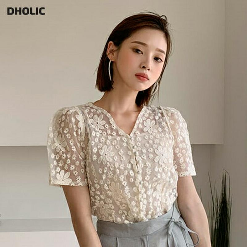 【只今10%OFF】キャミ付シアー花柄刺繍ブラウス・全2色・b56373 レディース【bl】【韓国 ファッション トップス ブラ