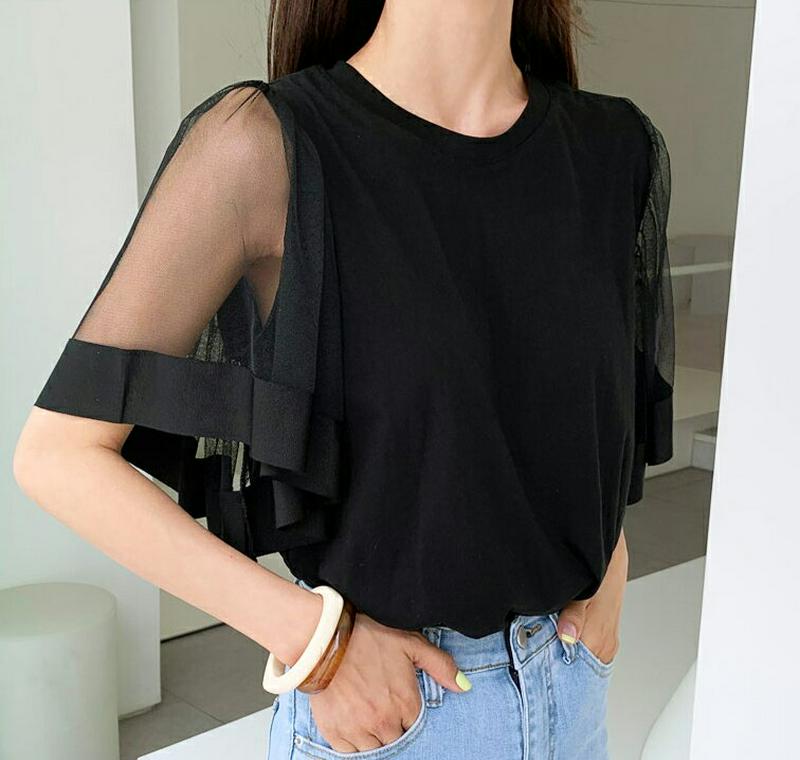 【只今10%OFF】フレアシアースリーブTシャツ・全2色・b60109 レディース【tops】【韓国 ファッション トップス T