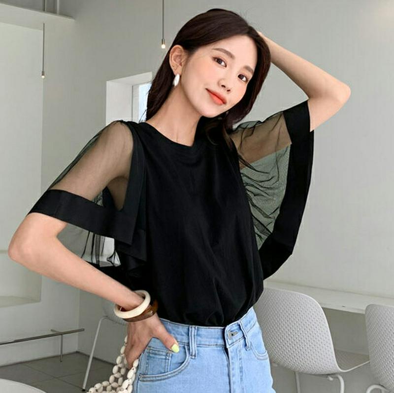 【只今10%OFF】フレアシアースリーブTシャツ・全2色・b60109 レディース【tops】【韓国 ファッション トップス T