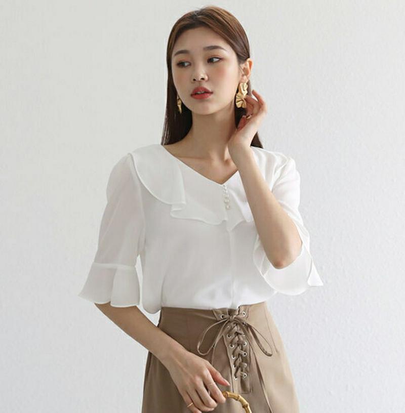 パールラッフルネックブラウス・全2色・t56386 レディース【bl】【韓国 ファッション トップス ブラウス 半袖 ハーフスリ