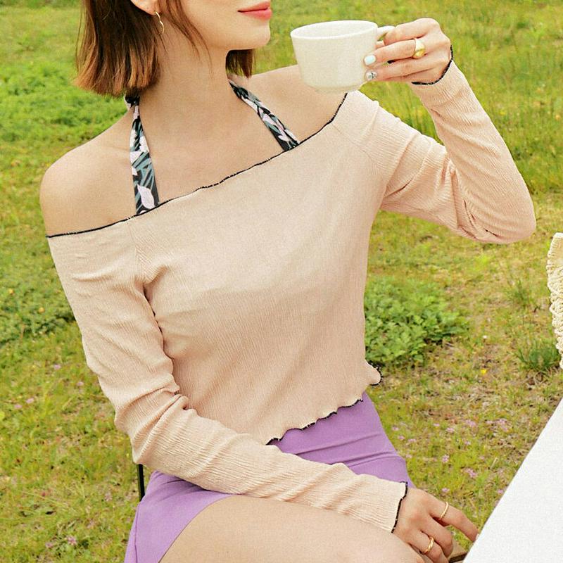 ウェーブリンクルTシャツ・全5色・e44021 レディース【tops】 bw bw-2020 韓国ファッション トップス Tシャツ 長袖 ウェーブ リンクル オフショルダー オフショル 単色 シンプル クロップド丈 ナチュラル 夏
