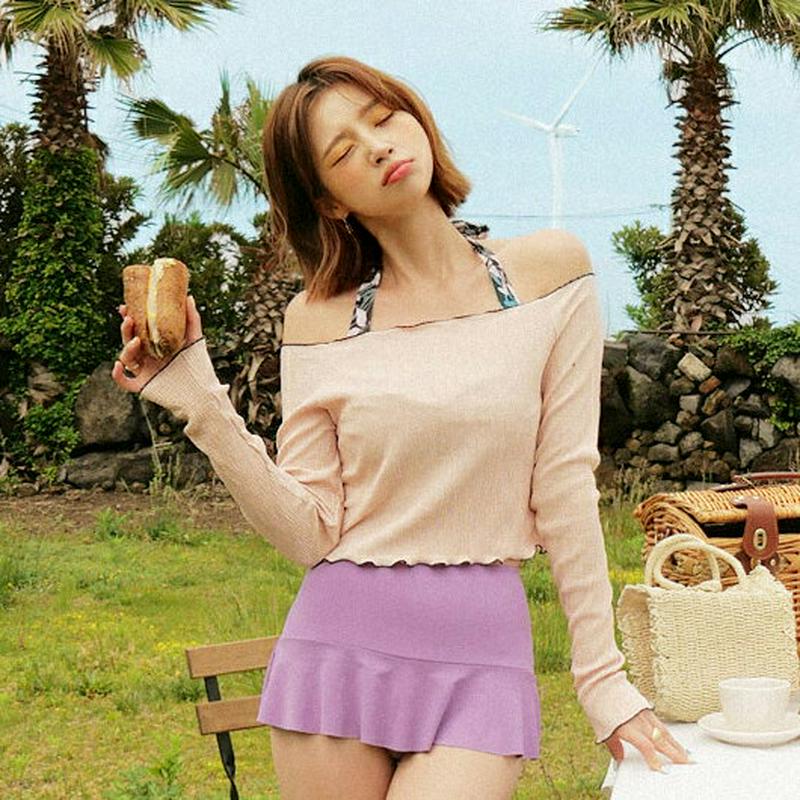 ウェーブリンクルTシャツ・全5色・e44021 レディース【tops】 bw bw-2020 韓国ファッション トップス Tシャツ 長袖 ウェーブ リンクル オフショルダー オフショル 単色 シンプル クロップド丈 ナチュラル 夏