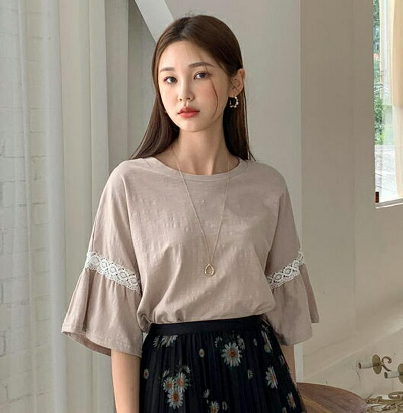 レースフレアスリーブTシャツ・全4色・b56365 レディース【tops】【韓国 ファッション トップス Tシャツ 半袖 ハーフ