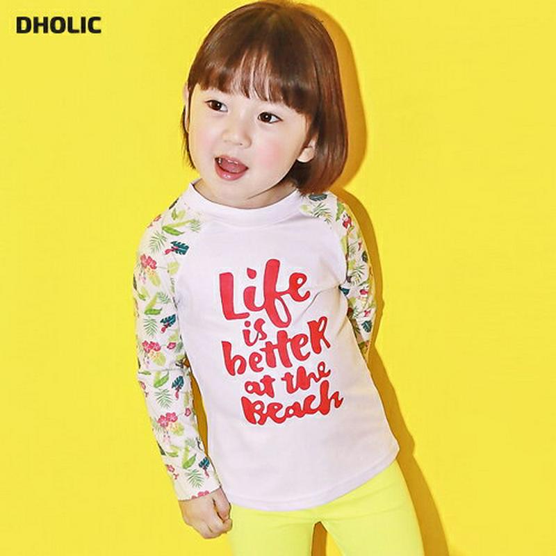 LIFE花柄ポイントラッシュガードTシャツ p003775・キッズ 【3~8才】【bw】【韓国 ファッション 水着 ラッシュガード スイムウェア 水遊び プール 海 日焼け防止 日除け 速乾 単品 トップス 長袖 パターン 柄 ロゴ 子供 子供服 小学生 ジュニア 夏】【KIDS】