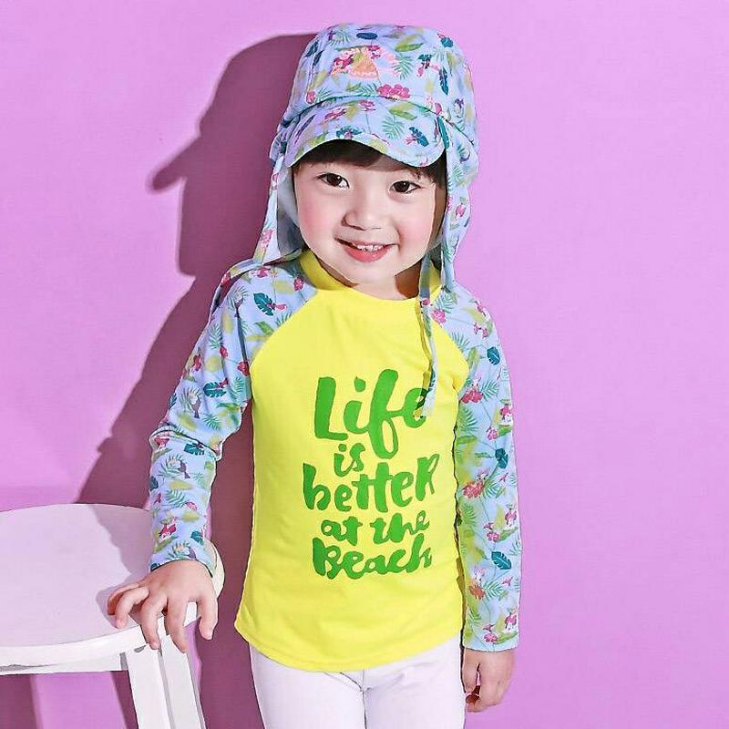 LIFE花柄ポイントラッシュガードTシャツ p003775・キッズ 【3~8才】【bw】【韓国 ファッション 水着 ラッシュガード スイムウェア 水遊び プール 海 日焼け防止 日除け 速乾 単品 トップス 長袖 パターン 柄 ロゴ 子供 子供服 小学生 ジュニア 夏】【KIDS】