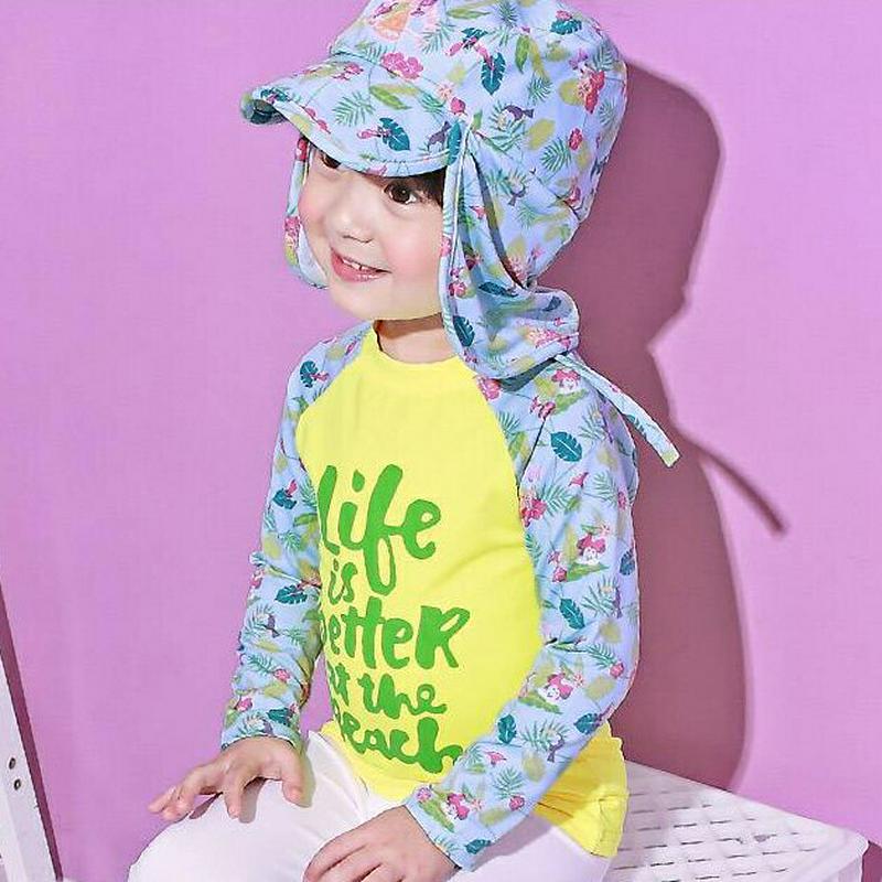 LIFE花柄ポイントラッシュガードTシャツ p003775・キッズ 【3~8才】【bw】【韓国 ファッション 水着 ラッシュガード スイムウェア 水遊び プール 海 日焼け防止 日除け 速乾 単品 トップス 長袖 パターン 柄 ロゴ 子供 子供服 小学生 ジュニア 夏】【KIDS】