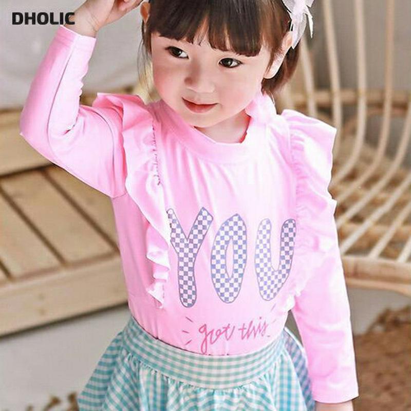 YOUフリルラッシュガードTシャツ p003791・キッズ 【3~8才】【bw】【韓国 ファッション 水着 ラッシュガード スイムウェア 水遊び プール 海 日焼け防止 日除け 単品 速乾 トップス 長袖 フリル ロゴ 女の子 子供 子供服 小学生 ジュニア 夏】【KIDS】