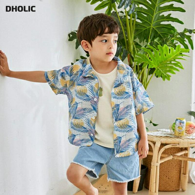 ハワイアンパターンシャツ u03676・キッズ 【3~8才】【bl】【韓国 ファッション トップス シャツ 半袖 ハーフスリーブ