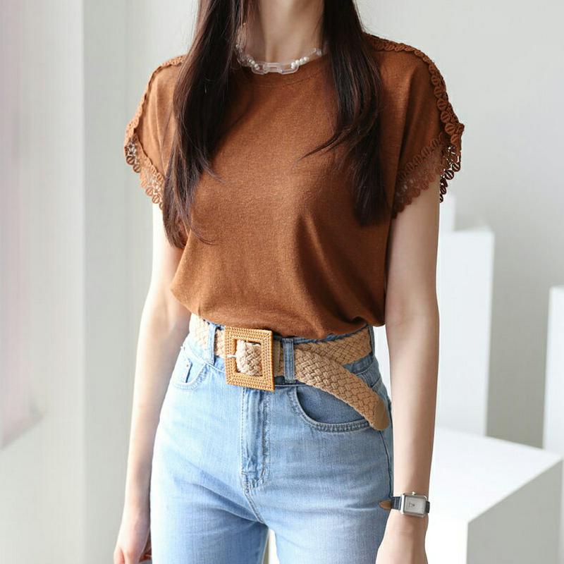 リネン混ショルダーレースTシャツ・全3色・b56364 レディース【tops】【韓国 ファッション トップス Tシャツ 半袖 リ