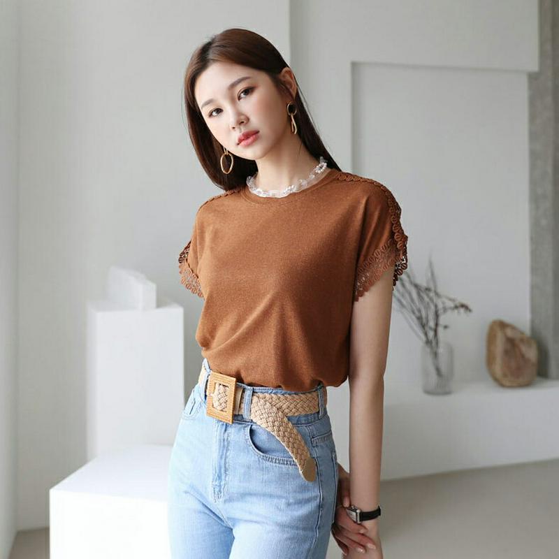 リネン混ショルダーレースTシャツ・全3色・b56364 レディース【tops】【韓国 ファッション トップス Tシャツ 半袖 リ