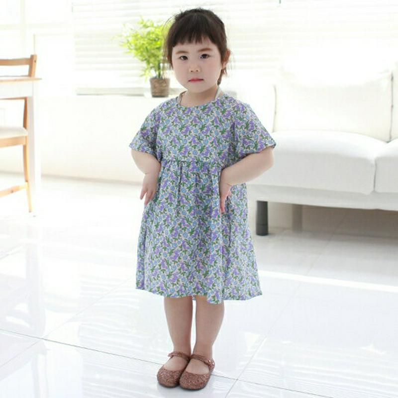 半袖花柄ワンピース p002563・キッズ 【3~8才】【ops】【韓国 ファッション ワンピース ロング 膝下 半袖 ハーフスリーブ フレア Aライン ラウンドネック ゆったり ルーズ 花柄 女の子 子供 子供服 小学生 ジュニア 夏】【KIDS】