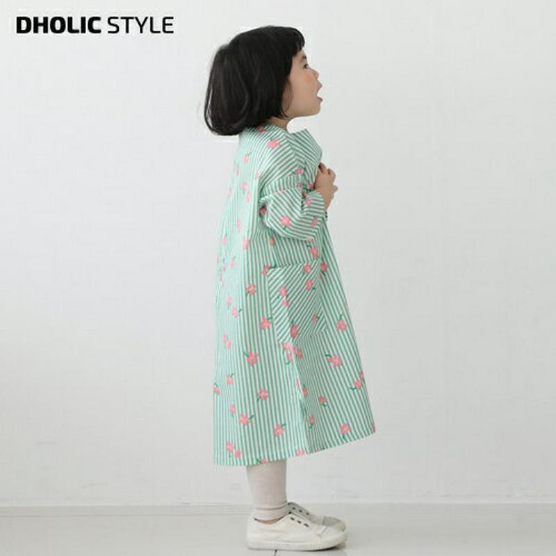 ストライプ花柄ワンピース p002587・キッズ 【3~8才】【ops】【韓国 ファッション ワンピース ロング 膝下 半袖 七分袖 フレア Aライン ラウンドネック ゆったり ルーズ ストライプ 花柄 女の子 コットン100 子供 子供服 小学生 ジュニア 夏】【KIDS】