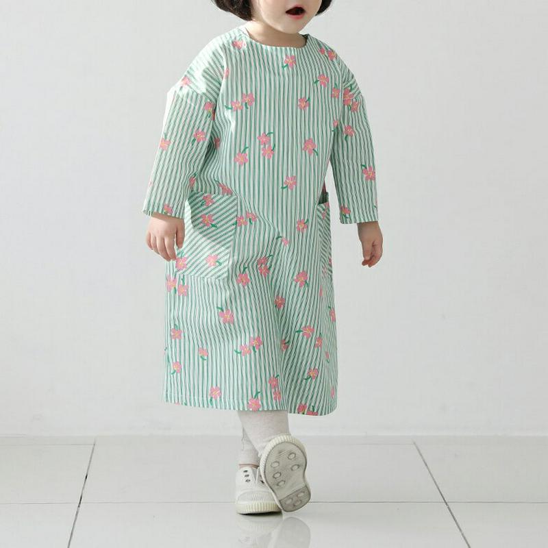 ストライプ花柄ワンピース p002587・キッズ 【3~8才】【ops】【韓国 ファッション ワンピース ロング 膝下 半袖 七分袖 フレア Aライン ラウンドネック ゆったり ルーズ ストライプ 花柄 女の子 コットン100 子供 子供服 小学生 ジュニア 夏】【KIDS】