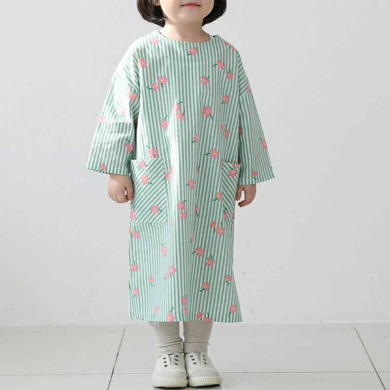 ストライプ花柄ワンピース p002587・キッズ 【3~8才】【ops】【韓国 ファッション ワンピース ロング 膝下 半袖 七分袖 フレア Aライン ラウンドネック ゆったり ルーズ ストライプ 花柄 女の子 コットン100 子供 子供服 小学生 ジュニア 夏】【KIDS】