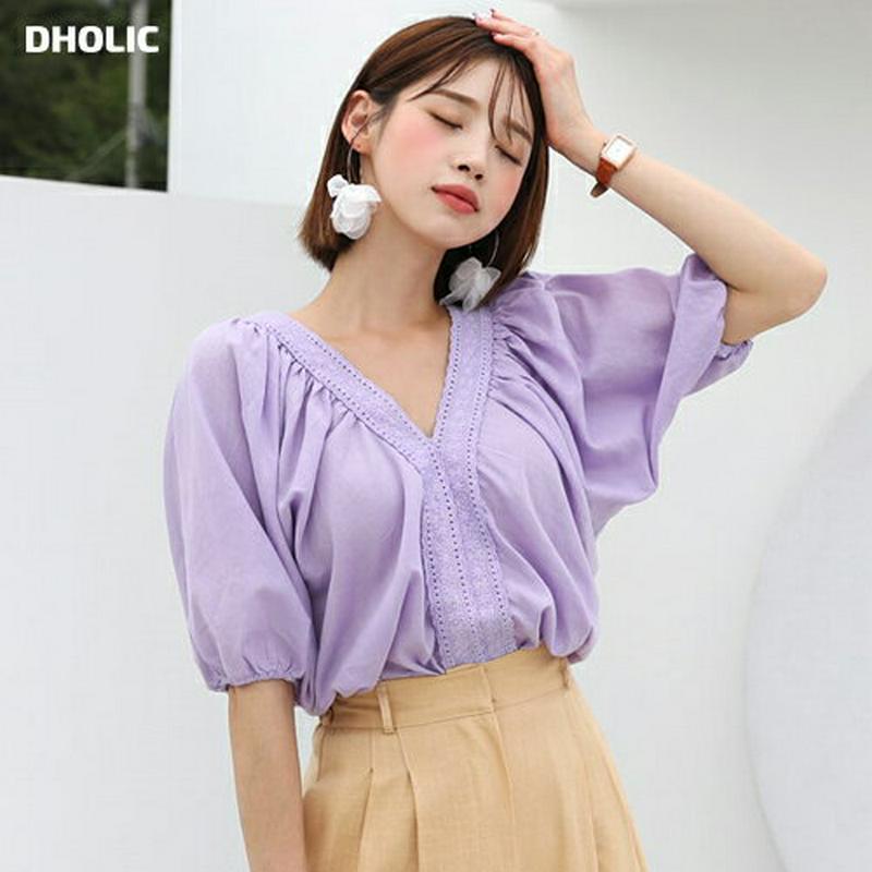 レースVネックパフTシャツ・全3色・b56388 レディース【tops】【韓国 ファッション トップス Tシャツ 半袖 ハーフス