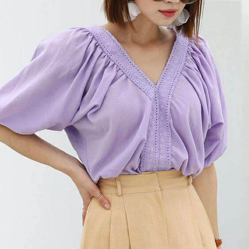 レースVネックパフTシャツ・全3色・b56388 レディース【tops】【韓国 ファッション トップス Tシャツ 半袖 ハーフス