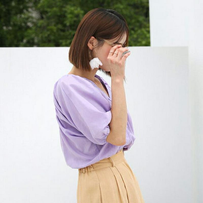 レースVネックパフTシャツ・全3色・b56388 レディース【tops】【韓国 ファッション トップス Tシャツ 半袖 ハーフス