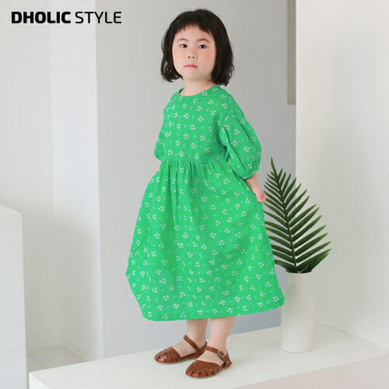 フラワーパフワンピース p002408・キッズ 【3~8才】【ops】【韓国 ファッション ワンピース ロング 膝下 半袖 七分袖 フレア Aライン ラウンドネック ゆったり ルーズ 花柄 女の子 コットン100 子供 子供服 小学生 ジュニア 夏】【KIDS】