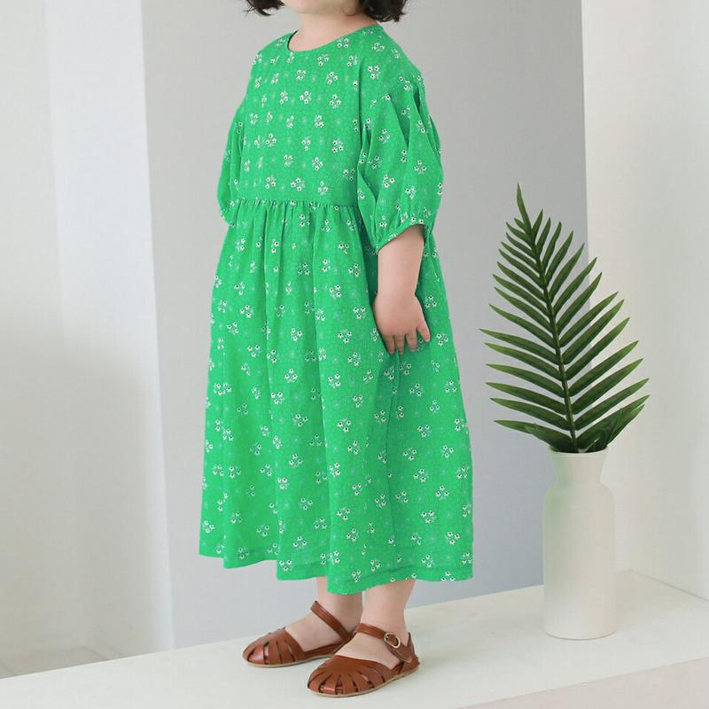 フラワーパフワンピース p002408・キッズ 【3~8才】【ops】【韓国 ファッション ワンピース ロング 膝下 半袖 七分袖 フレア Aライン ラウンドネック ゆったり ルーズ 花柄 女の子 コットン100 子供 子供服 小学生 ジュニア 夏】【KIDS】