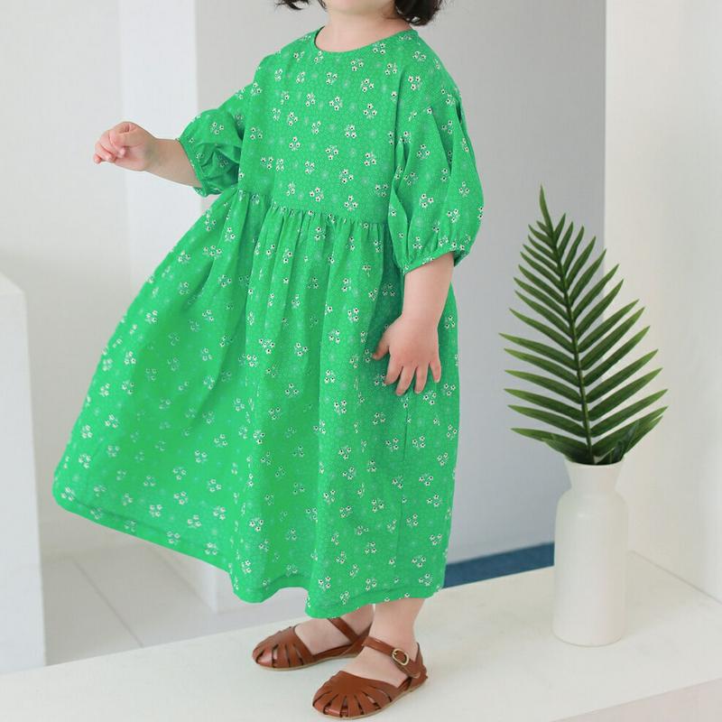 フラワーパフワンピース p002408・キッズ 【3~8才】【ops】【韓国 ファッション ワンピース ロング 膝下 半袖 七分袖 フレア Aライン ラウンドネック ゆったり ルーズ 花柄 女の子 コットン100 子供 子供服 小学生 ジュニア 夏】【KIDS】